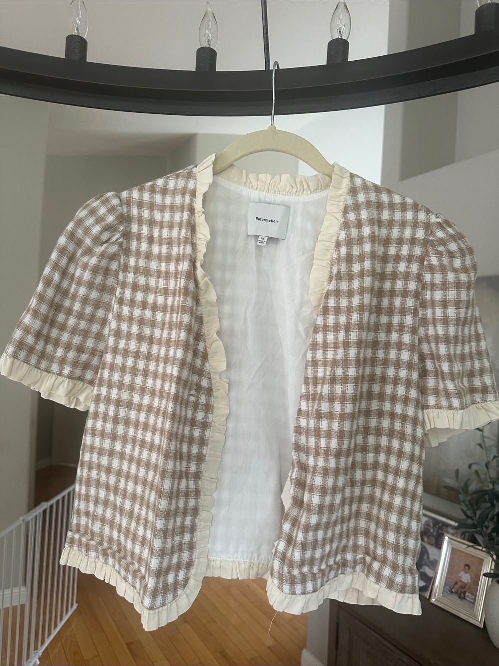 Reformation Beige & Cream Gingham Ruffle Cardigan
